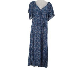 Luxology V-Neck Flutter Short Sleeve Boho Maxi Dress Pullover Blue Size XL